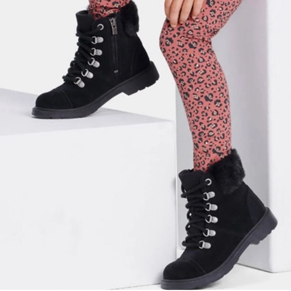 NEW UGG Azell Hiker Weather Waterproof Lace-up Boots Black Suede Youth Size 6